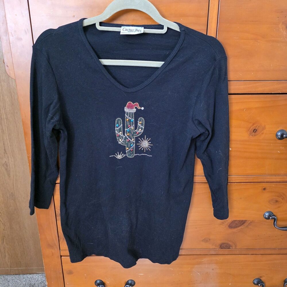 Cactus Bay Shirt Top Size Small Black Rhinestone Christmas Holiday Southwest
